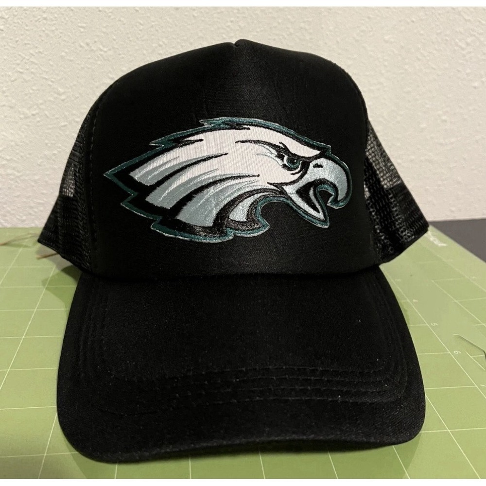 Philadelphia Eagles Foam Trucker Hat. Black Snap Back Retro. Heat Pressed Patch